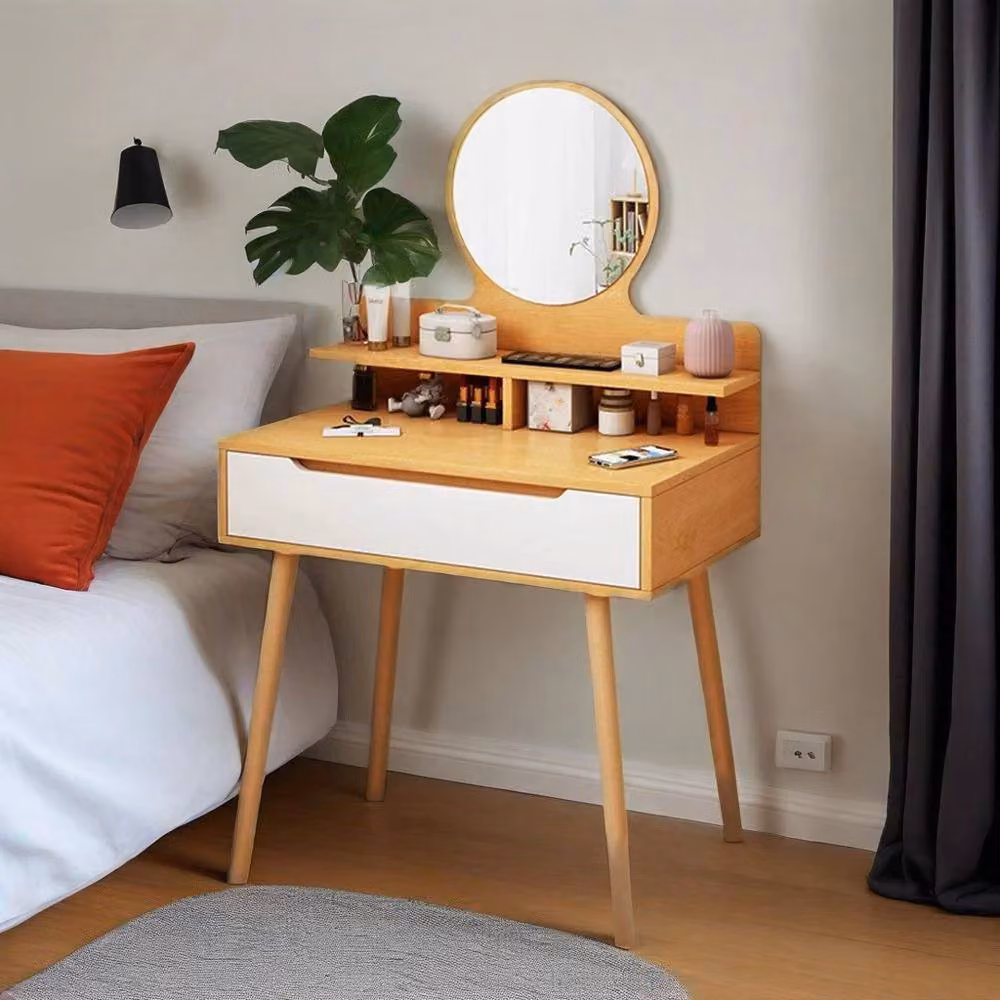 ERGOVEXA Scandinavian Style Bedroom Dressing Table with Mirror and Storage Shelf in Brown – 3