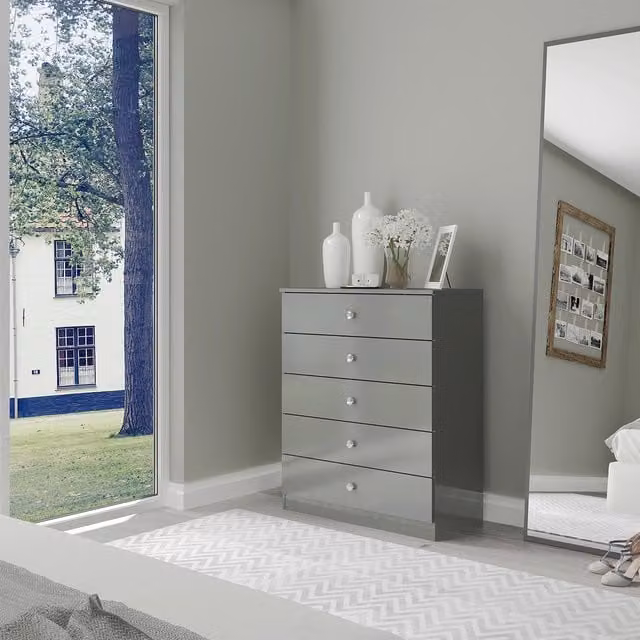 Seconique Denver 5 Drawer Chest in Grey Gloss