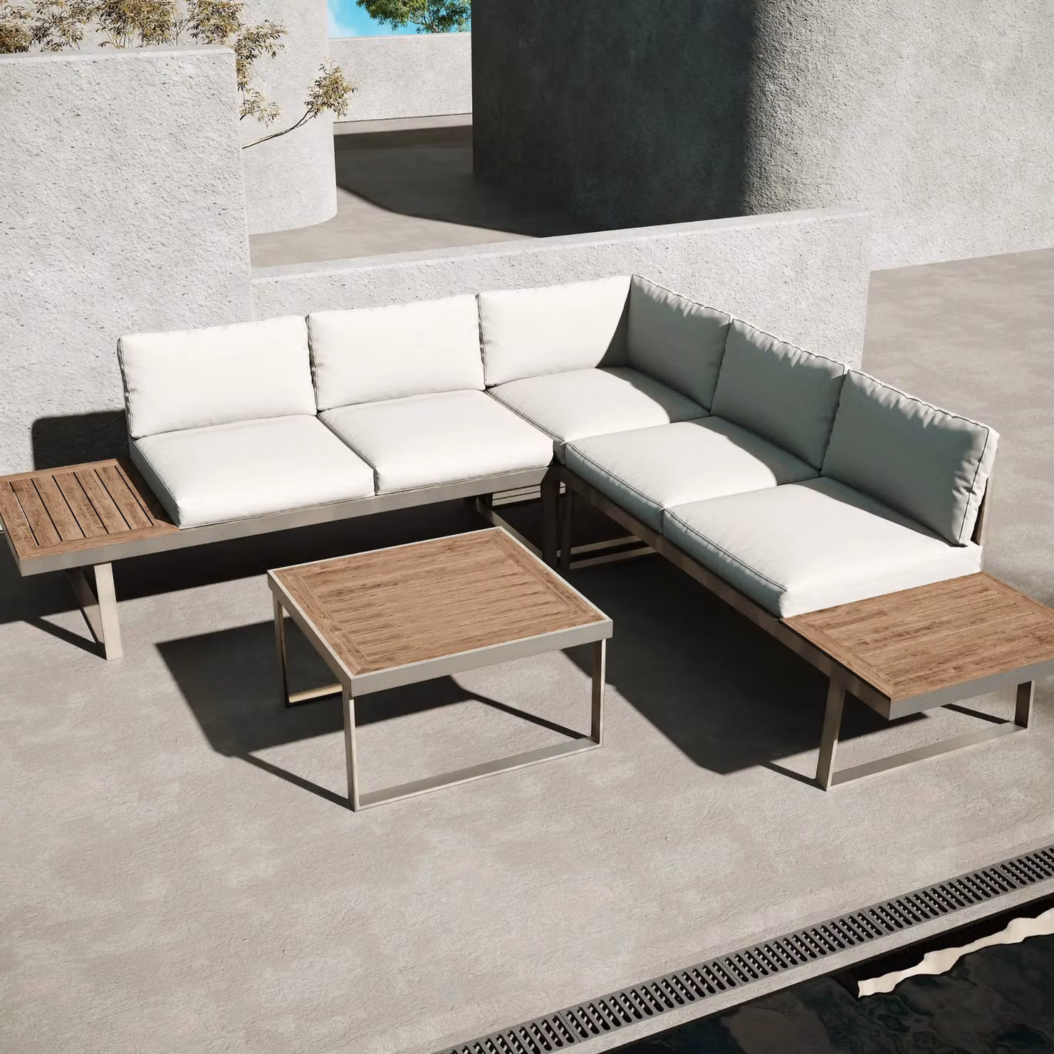 Modish Furnishing 5 Seater Modular L-Shape Corner Sofa Set in Beige with Powder Coated Aluminium Frame – 3