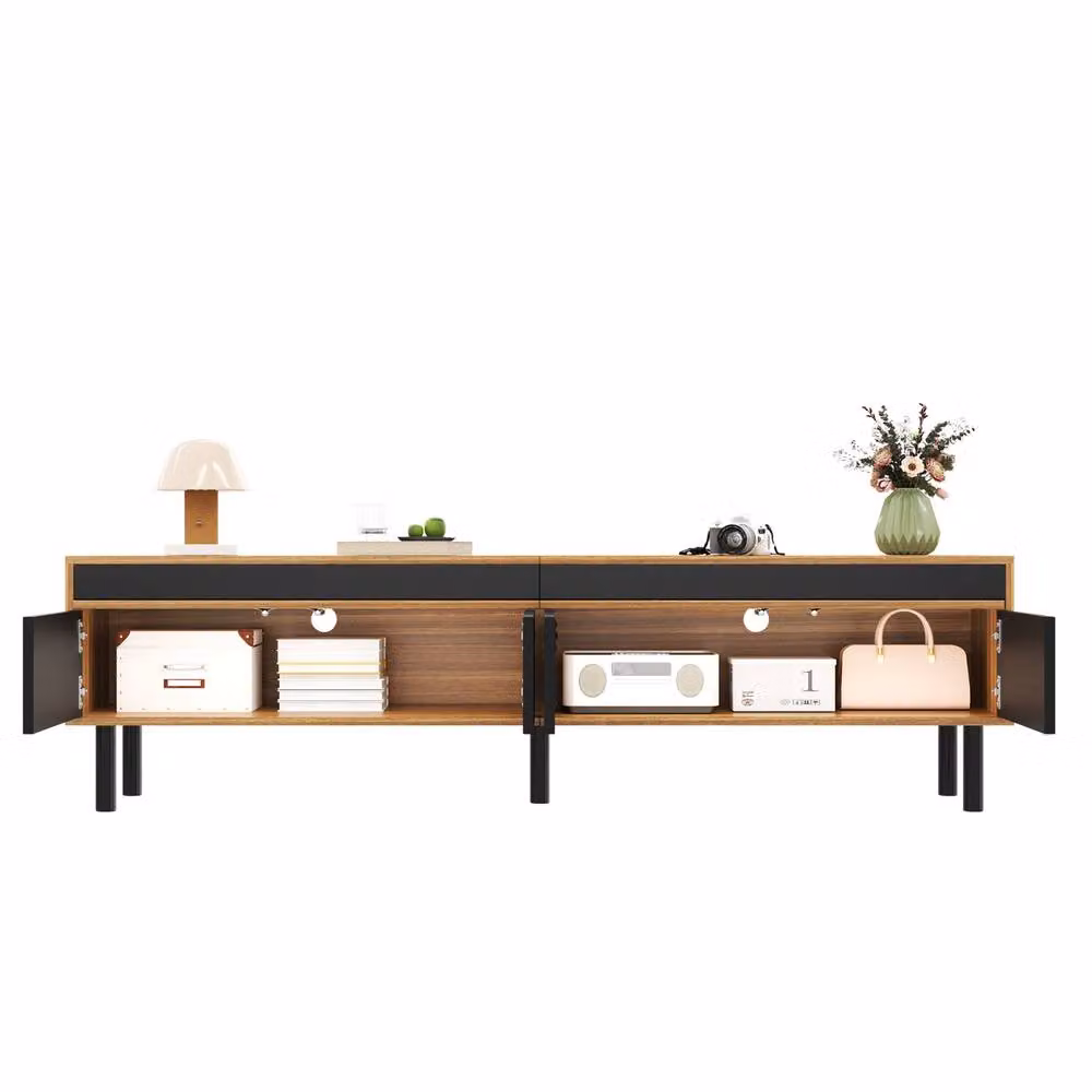 BTM Modern 4-Door TV Cabinet in Black and Natural Wood, W/D/H: 170 x 38 x 47 cm – 2