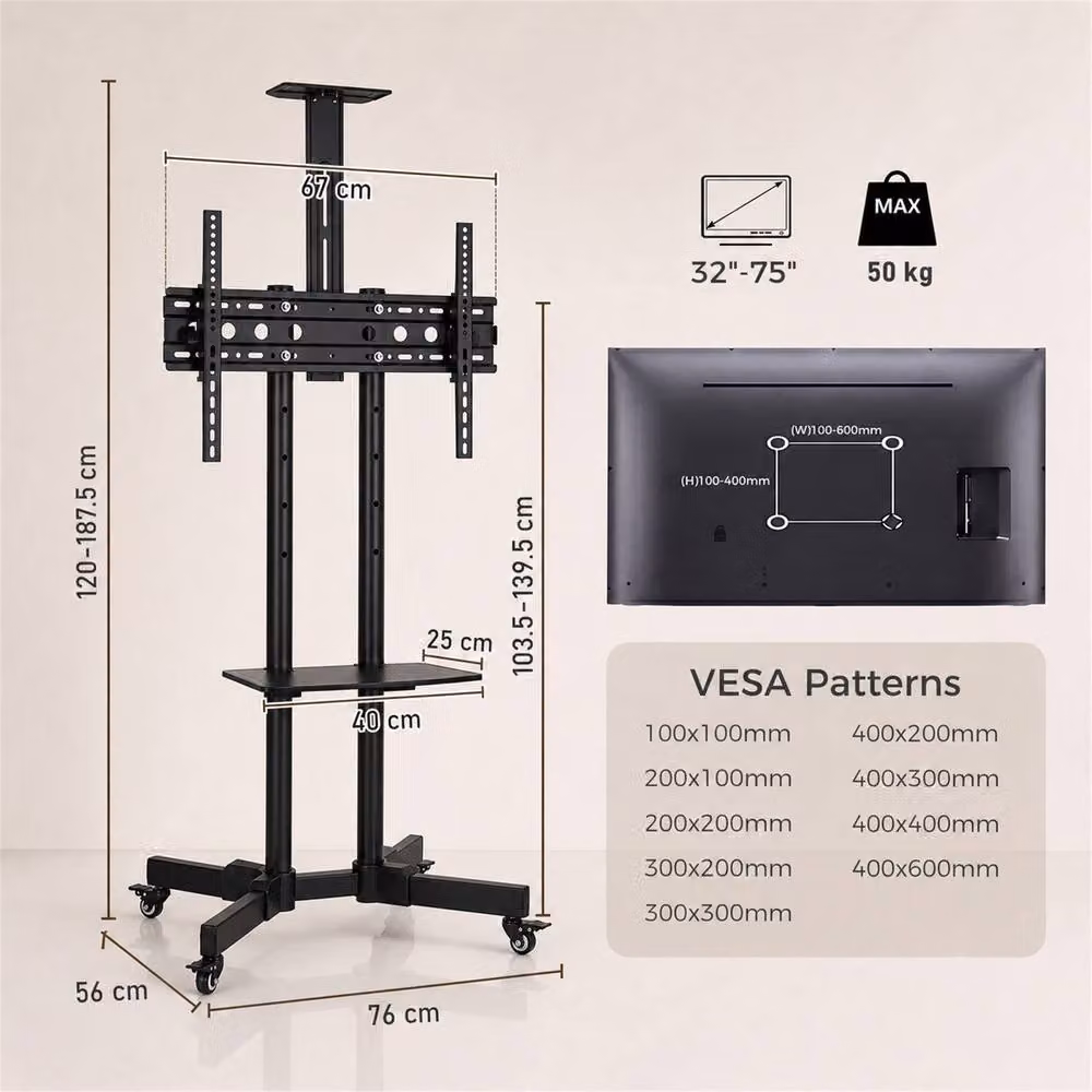HOMCOM Mobile TV Stand on Wheels for 32-75 Inch Screens, Height Adjustable, Black – 3
