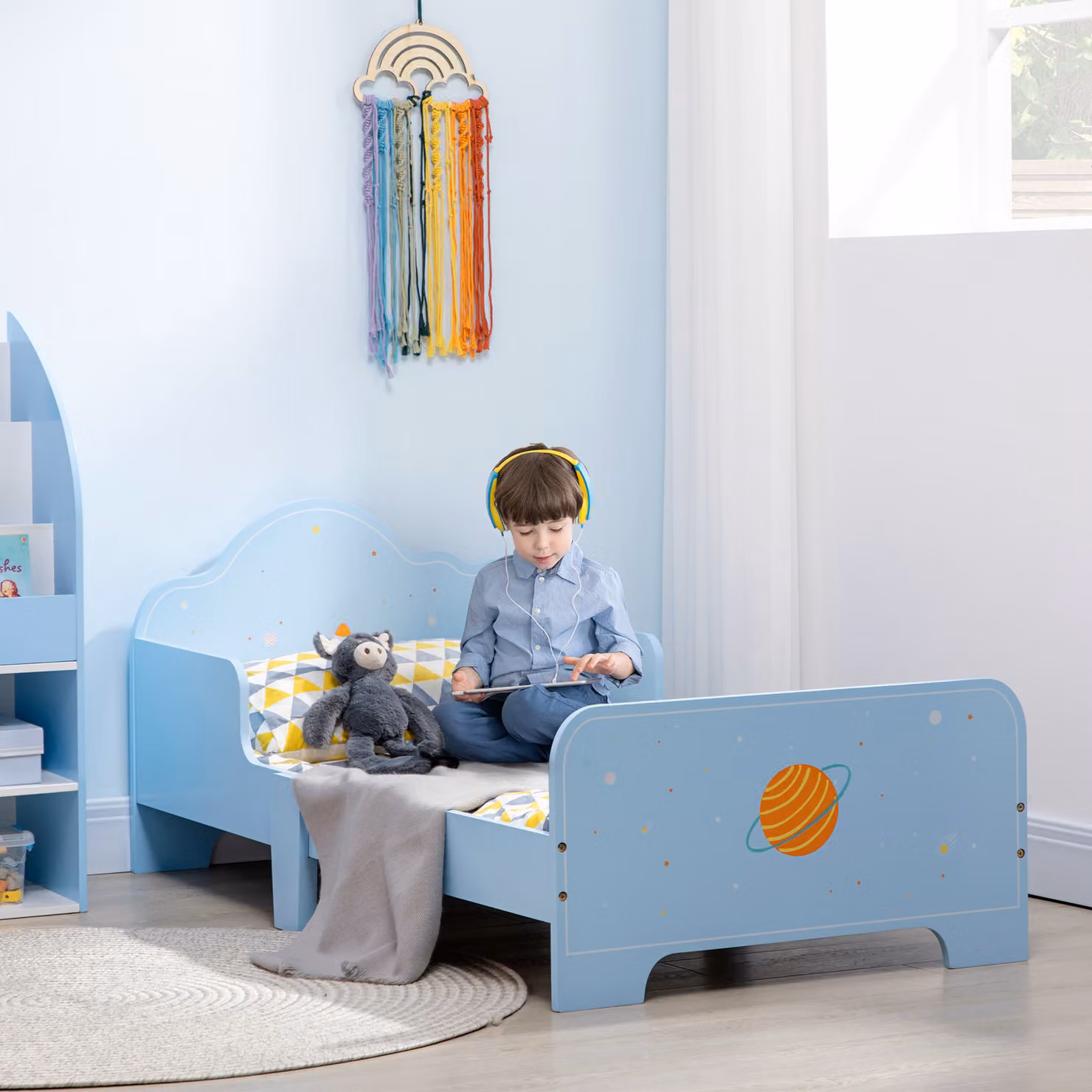 ZONEKIZ Toddler Bed with Rocket and Plant Patterns in Blue – 2