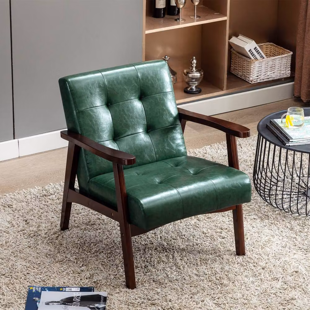 HomeMiYN Vintage Faux Leather Armchair with Solid Wood Legs in Dark Green – 2