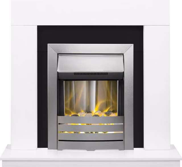 Adam Fires & Fireplaces Malmo Fireplace in White and Black with Helios Electric Fire in Brushed Steel, 39 Inch, Grey