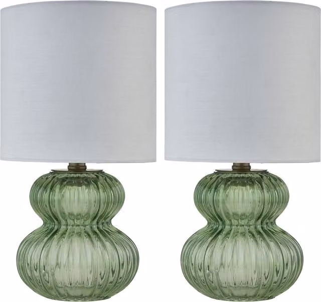 First Choice Lighting Walter Set of 2 Green Ribbed Glass Table Lamps with White Fabric Shades – 1