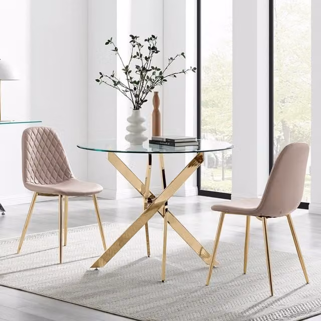 FurnitureboxUK Novara Round Glass Kitchen Dining Table with 2 Corona Gold Chairs in Cappuccino, Diameter: 100 cm