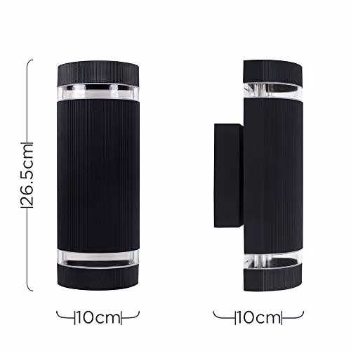 MiniSun Pair of 2 Modern Black Aluminium and Glass Curved Up and Down Outdoor Wall Lights with Warm White LED Bulbs, IP54 Rated – 2