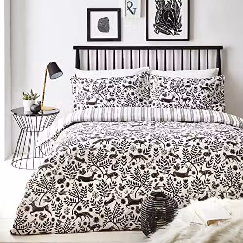 Riva Home Skandi Woodland Reversible Striped Scandinavian Forest Animals Brushed Cotton Duvet Cover Set, Anthracite, W: 140 cm, L: 200 cm