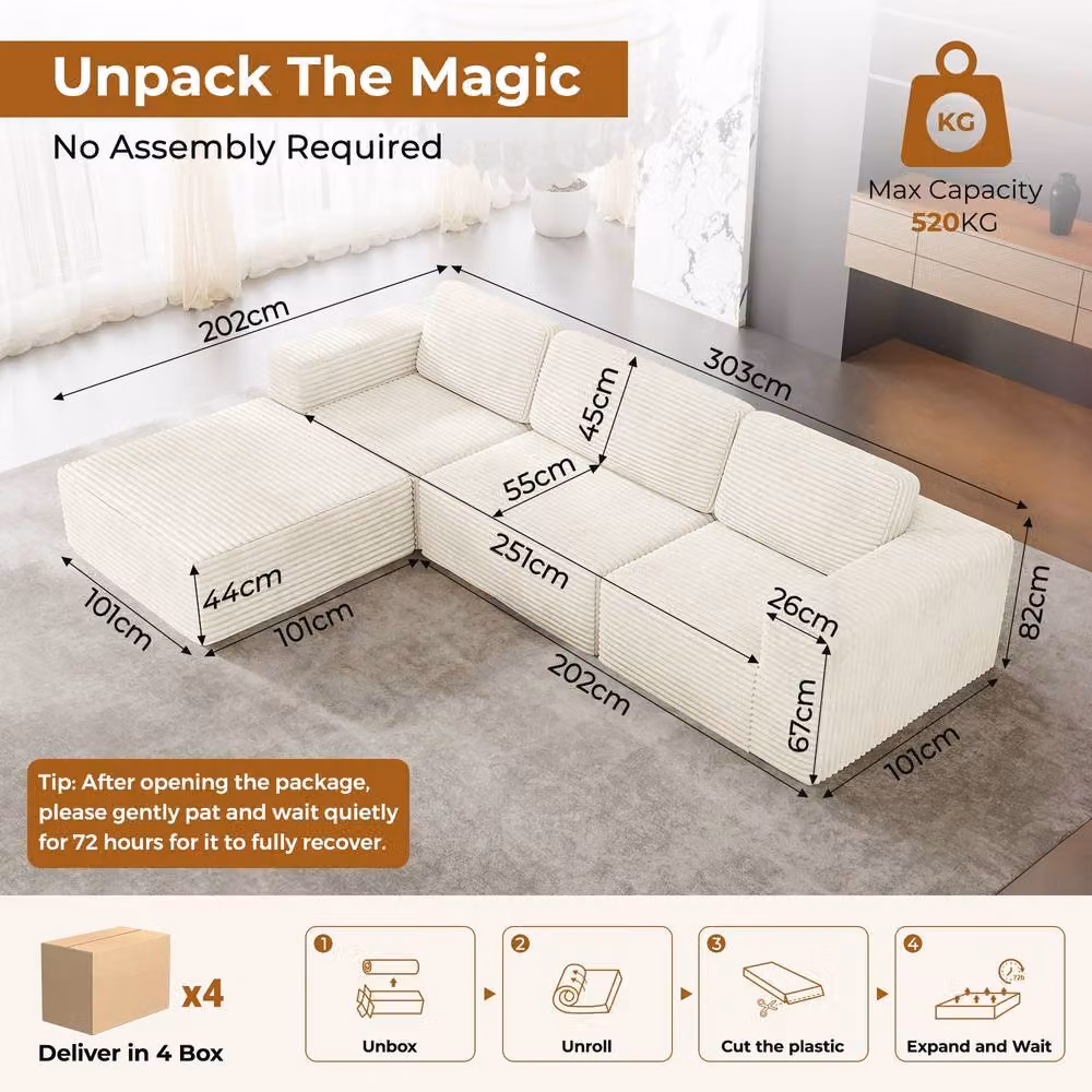 Dprodo Corduroy Modular L-Shape Sofa in Beige with Matching Ottoman – 2