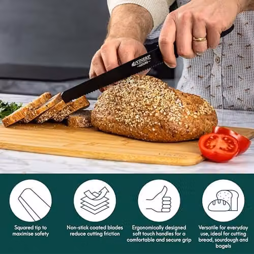 Viners Assure 8 inch Bread Knife with Stainless Steel Serrated Blade and Black Plastic Soft Grip Handle – 3