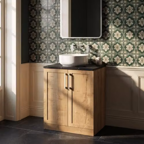 Balterley Stonnall Traditional 2 Door Floor Standing Bathroom Vanity Unit in Autumn Oak with Black Pietra Marble Laminate Worktop – 2