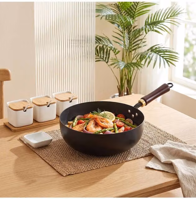 Living and Home Uncoated Cast Iron Wok with Hammered Finish in Black, Medium – 1