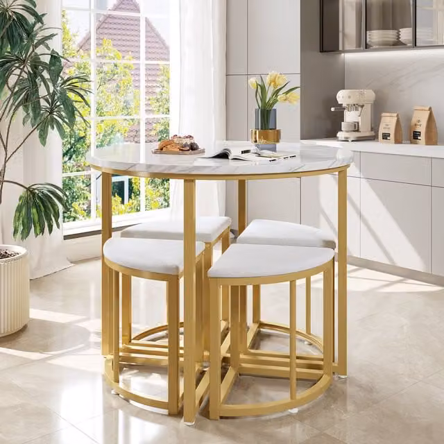 Aosom UK Dining Table and 4 Velvet Chairs Set, White and Gold, W/D/H: 80 x 80 x 75 cm