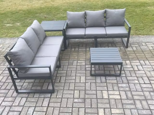 Fimous 6 Seater L-Shape Garden Furniture Set with Powder Coated Aluminium Frame, Cushions and Coffee Table in Dark Grey