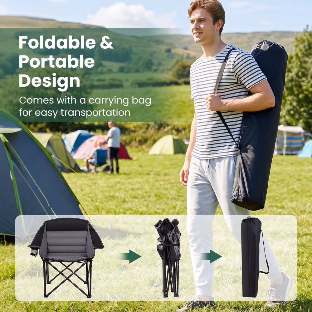 Gymax Heavy Duty Oversized Folding Camping Armchair with Padded Seat in Black – 7