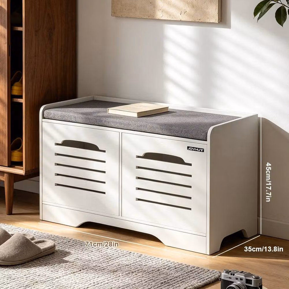 EONLION White Wooden Shoe Storage Cabinet with Integrated Seat and Tilting Compartments, Width: 100 cm, Height: 32 cm, Depth: 32 cm – 2