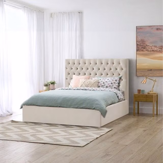 Desire Deco Sterling Chesterfield Upholstered Storage Bed in Orange and Beige Velvet Fabric, W/D/H: 120 x 200 cm