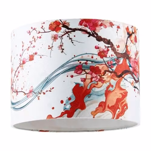 Happy Homewares Red Cherry Blossom Watercolour Japanese Themed Fabric Drum Lamp Shade, W: 18 cm, H: 25 cm