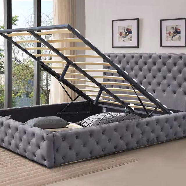 Comfy Living Tufted Fabric Gas Lift Ottoman Bed Frame, Grey, W: 140 cm, D: 200 cm