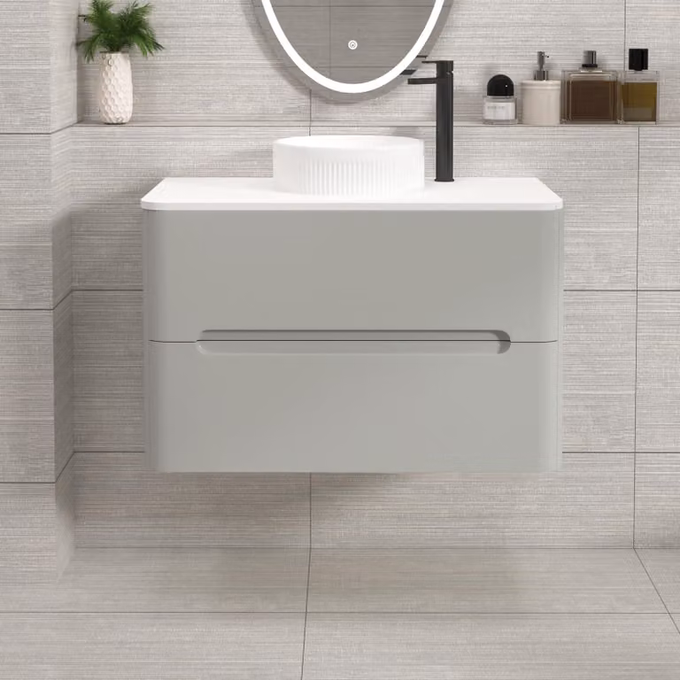 Royal Bathrooms Venice 800mm Wall Hung Vanity Unit in Dove Grey with 2 Drawers, Plain White Worktop and Round Basin