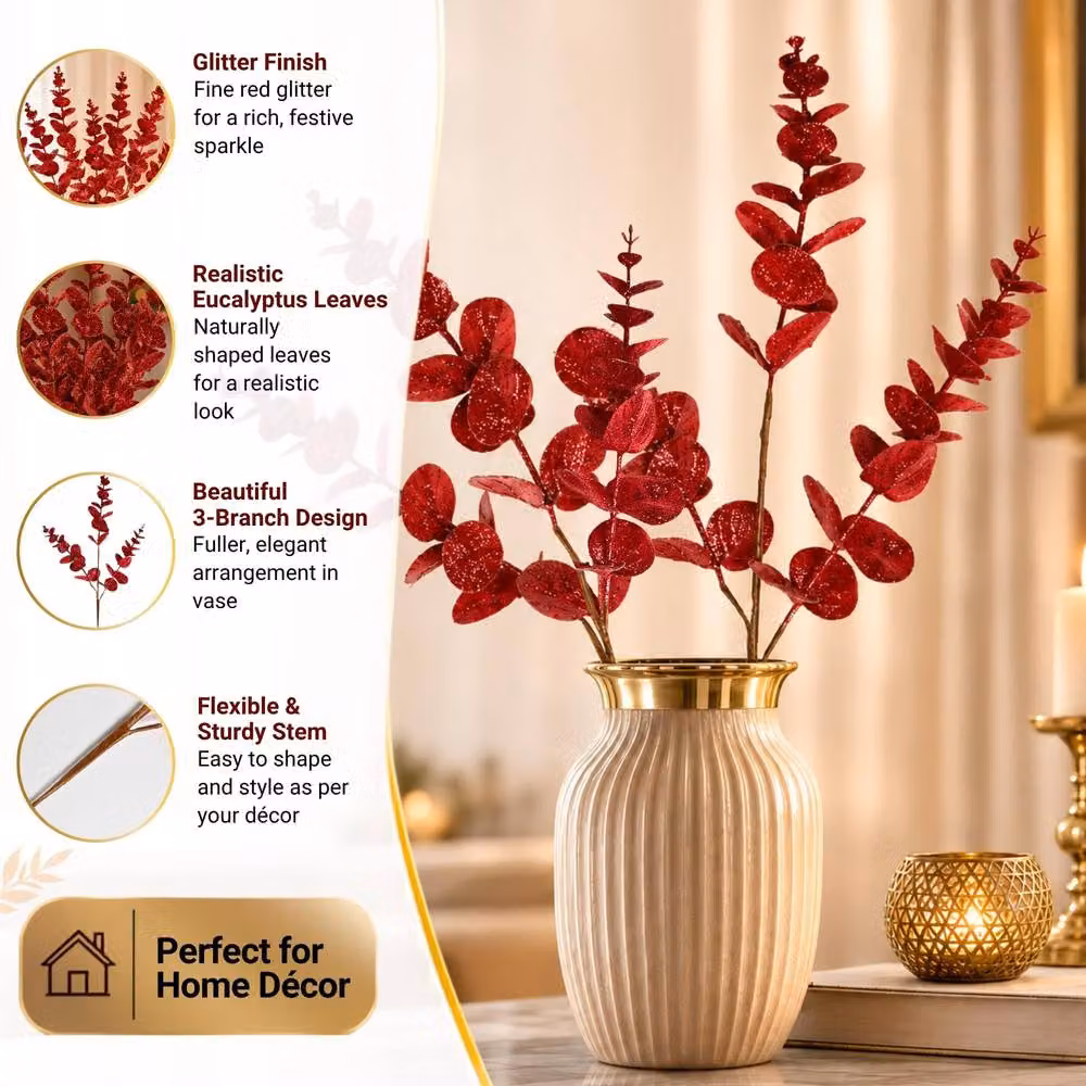 Shatchi Red Glitter Artificial Eucalyptus Christmas Tree Picks, 12 Pack, Height: 55 cm – 4