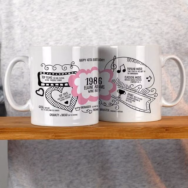 Afewhometruths Personalised 40th Birthday Mug, Born in 1986 with Custom Name and Message, Baby Pink and White
