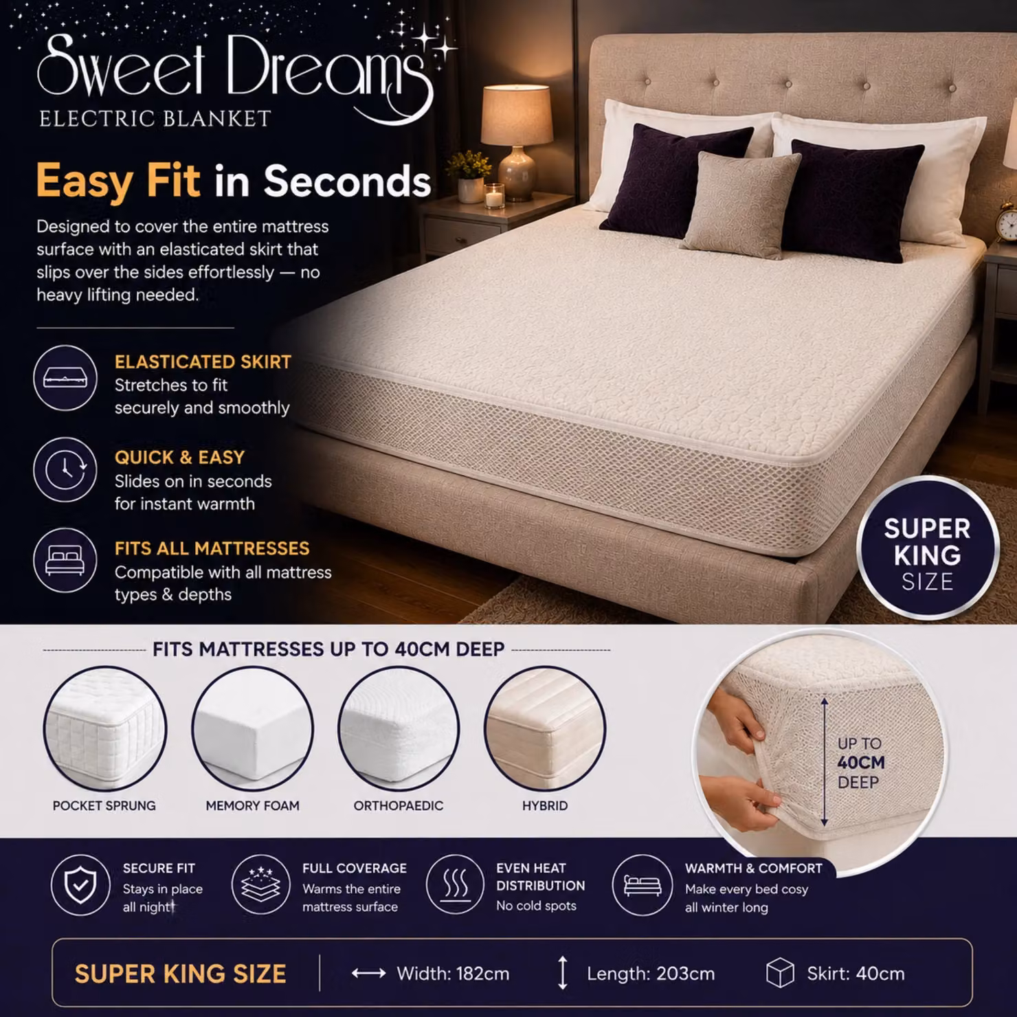 Sweet Dreams Super King Size Fleece Heated Fitted Electric Blanket in White, 180 x 200 cm – 3
