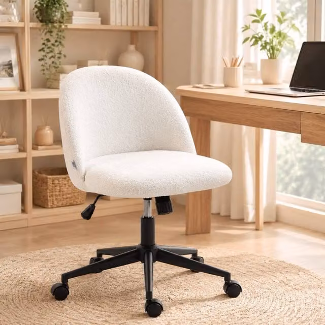 STILVORA Modern Swivel Task Chair in Beige and White Bouclé Fabric with Metal Base and Castors