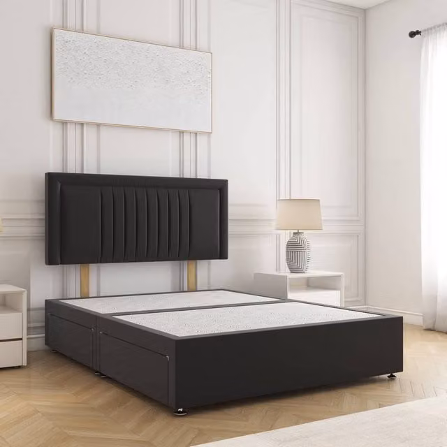 BSSPOKE Canes Small Double Divan Bed with 24 inch Plush Headboard and 2 Drawers in Black
