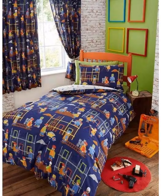 Portfolio Home Reversible Childrens Building Site Duvet Cover and Pillowcase Set in Blue and White Polycotton