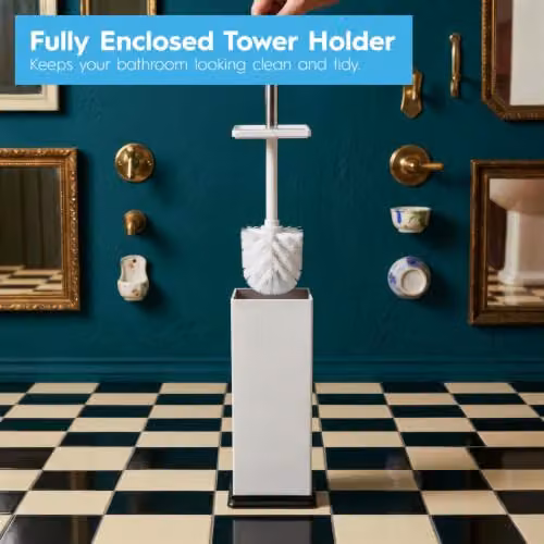 Harbour Housewares 3L Square Stainless Steel Pedal Bin and Toilet Brush Set in White – 3