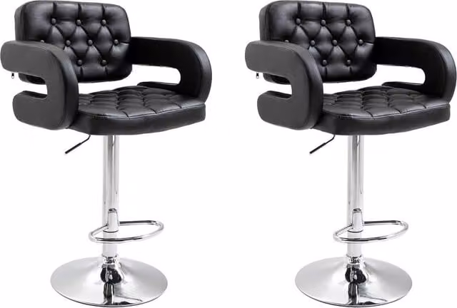 HOMCOM Set of 2 Adjustable Height Swivel Barstools in Black PU Leather with Steel Poles – 1