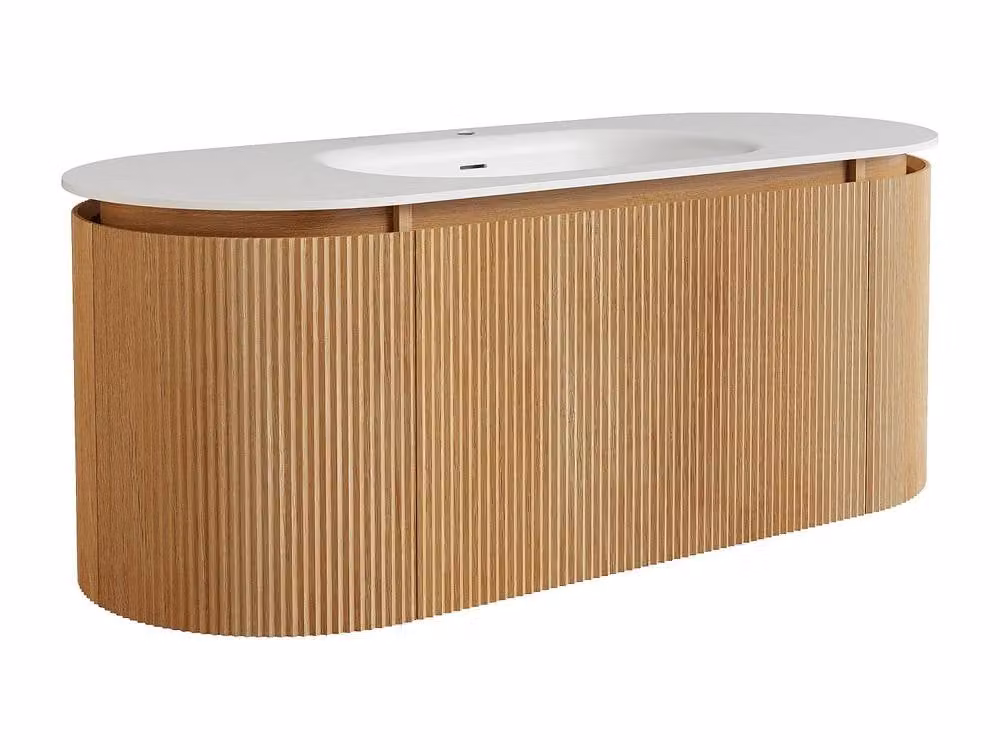 Vente-unique Fluted Ash Wood Wall-Hung Bathroom Unit with Matt White Resin Inset in Light Oak – 2