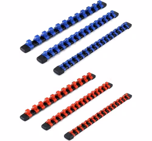 Autojack 6 Piece Socket Organizer Set with 1/4", 3/8" and 1/2" Drive Rails in Red and Blue – 3