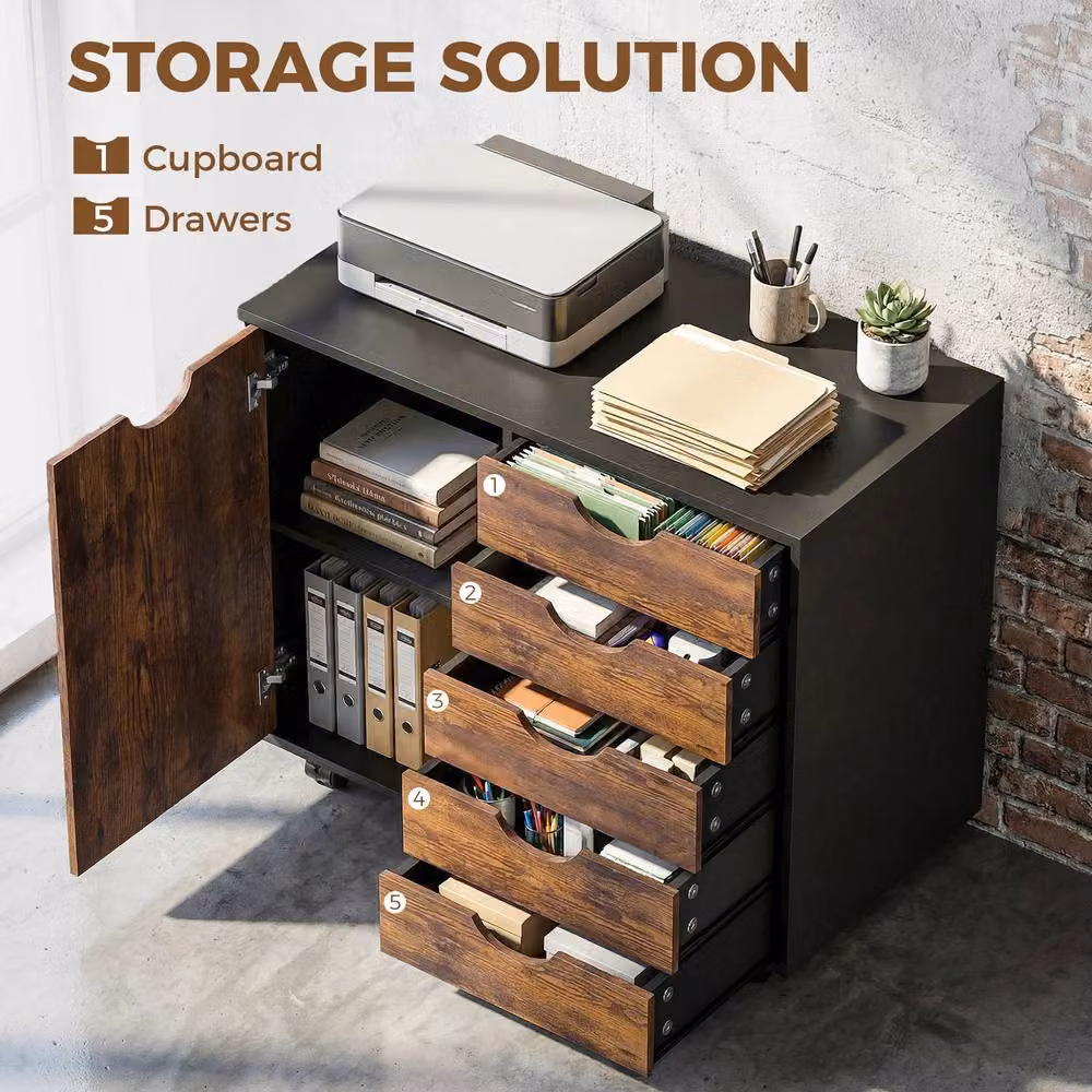 HOMCOM Modern Mobile 5-Drawer Office Storage Cabinet with Door in Brown – 4