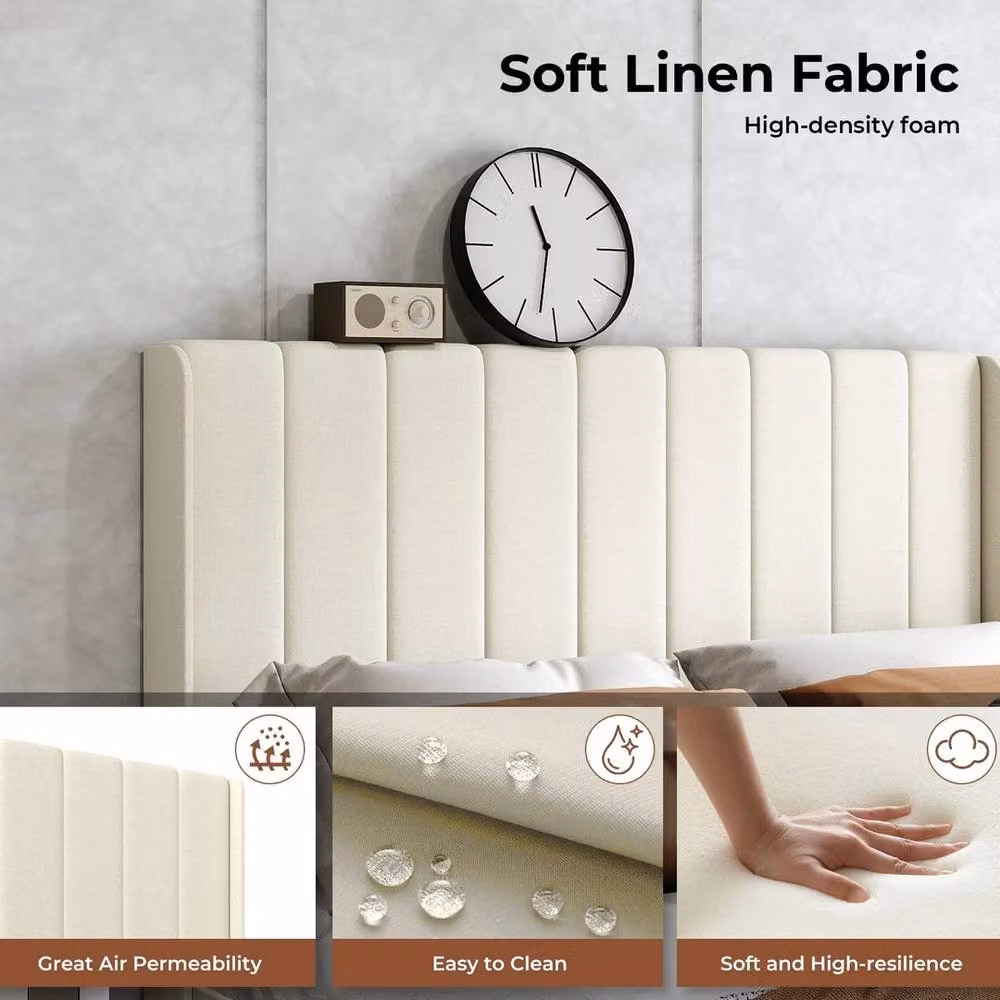 VOGREX Double Plush Upholstered Platform Bed Frame in Beige, W/D/H: 140 x 200 cm – 2