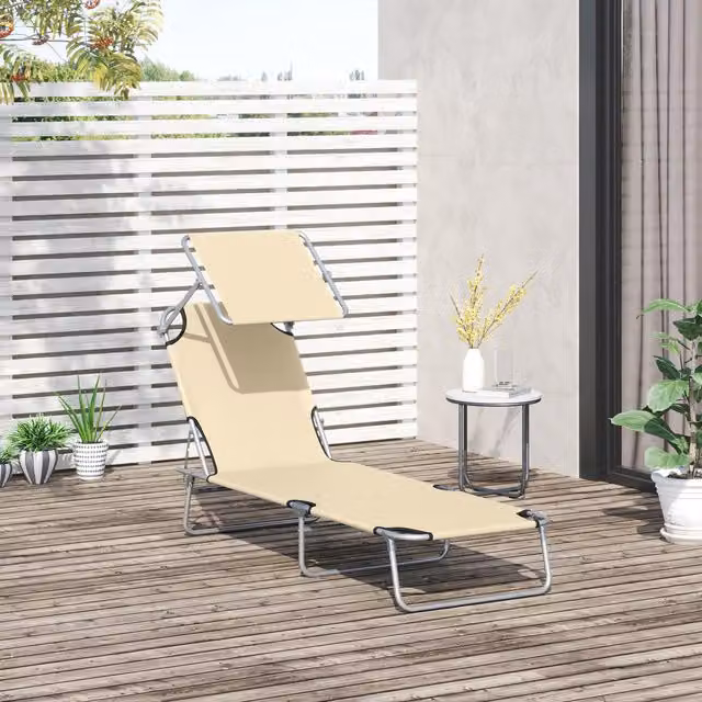 Outsunny Foldable Reclining Sun Lounger with Adjustable Awning in Beige
