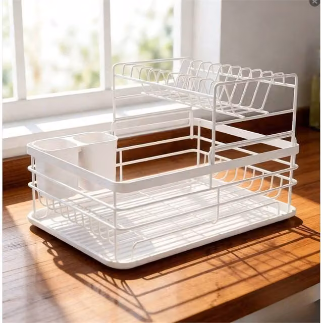 SPETLEK 2 Tier Kitchen Sink Dish Drainer Rack with Drip Tray and Cutlery Holder in White – 1