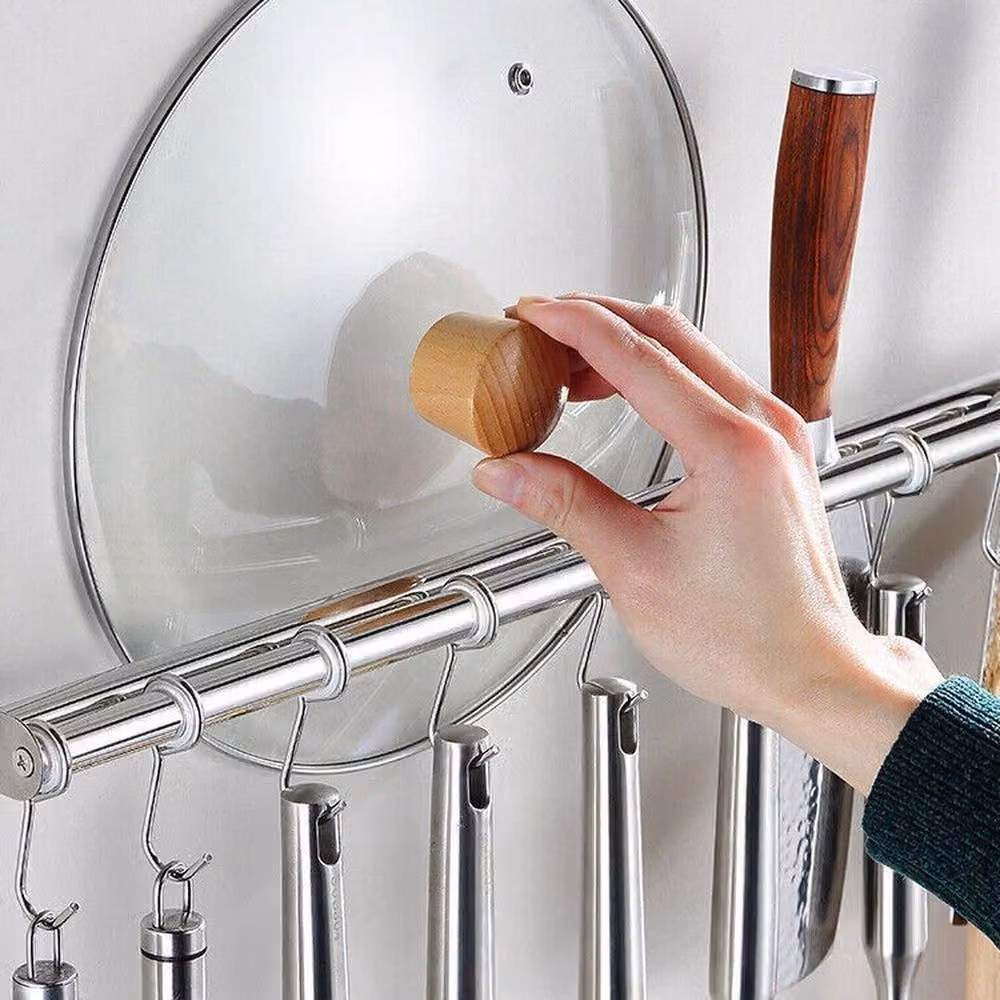EONLION Wall Mounted Kitchen Utensils Rack with Double Rods and 8 Hooks, Silver, W: 100 cm – 3