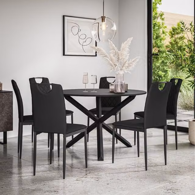 More4Homes Malvern Round Black Dining Table and 6 Monza Chairs Set with Black Oak Legs, Diameter: 120 cm, Height: 75 cm