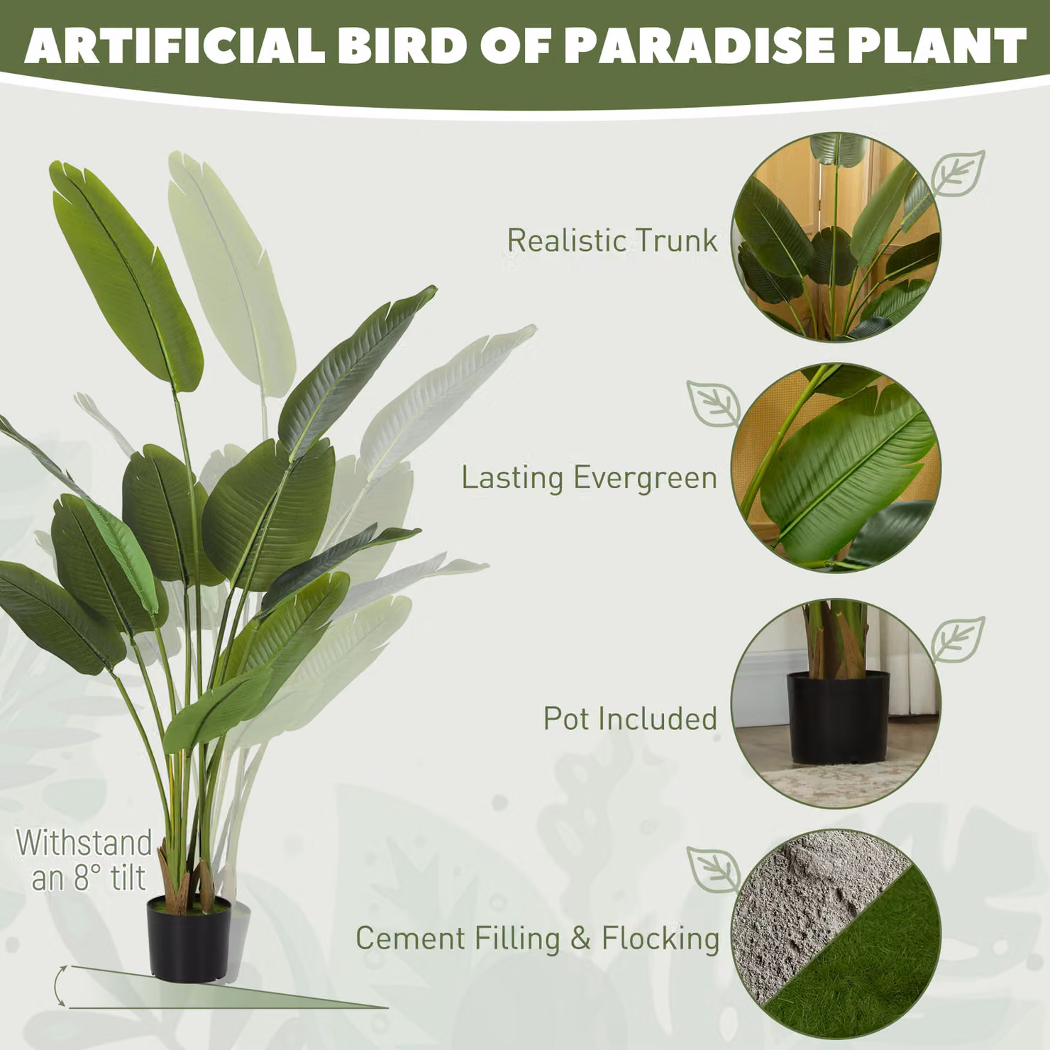 HOMCOM 160cm Tall Artificial Bird of Paradise Plant, Green Faux Banana Leaf Tree with PEVA Leaves and Flocking in Pot – 3