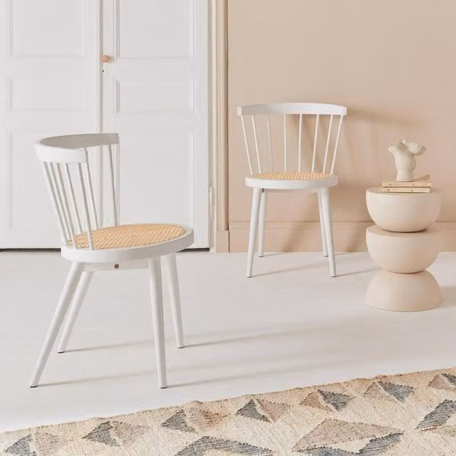 sweeek Pair of Mid-Century White Rubberwood and Cane Dining Chairs, W/D/H: 53.5 x 53.5 x 76 cm