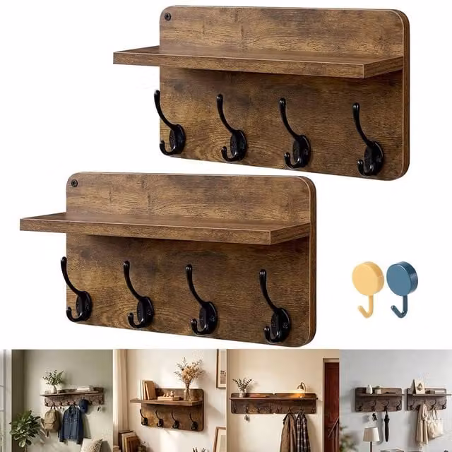 FORGEVIO 2 Pack Wooden Wall Coat Rack with 8 Hooks in Brown – 1