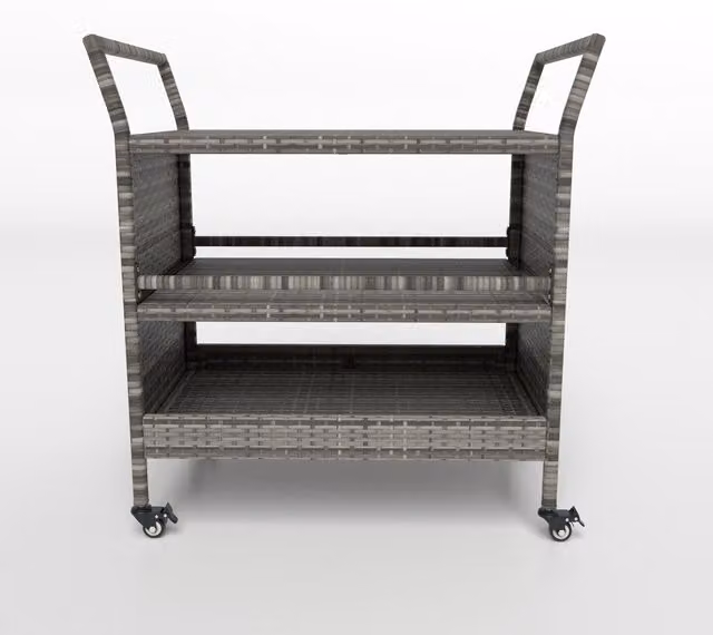 Gymax 3-Tier Grey Rattan Outdoor Bar Cart with Wheels and Handles
