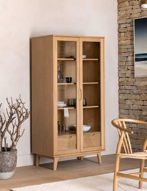 Gallery Direct Nord Scandinavian Oak Display Cabinet with Glass Doors and Internal Drawers in Brown