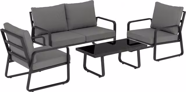 Outsunny 4 Piece Grey Garden Furniture Set with Upholstered 2 Seater Sofa, 2 Armchairs, Glass Top Coffee Table and Cushions – 1