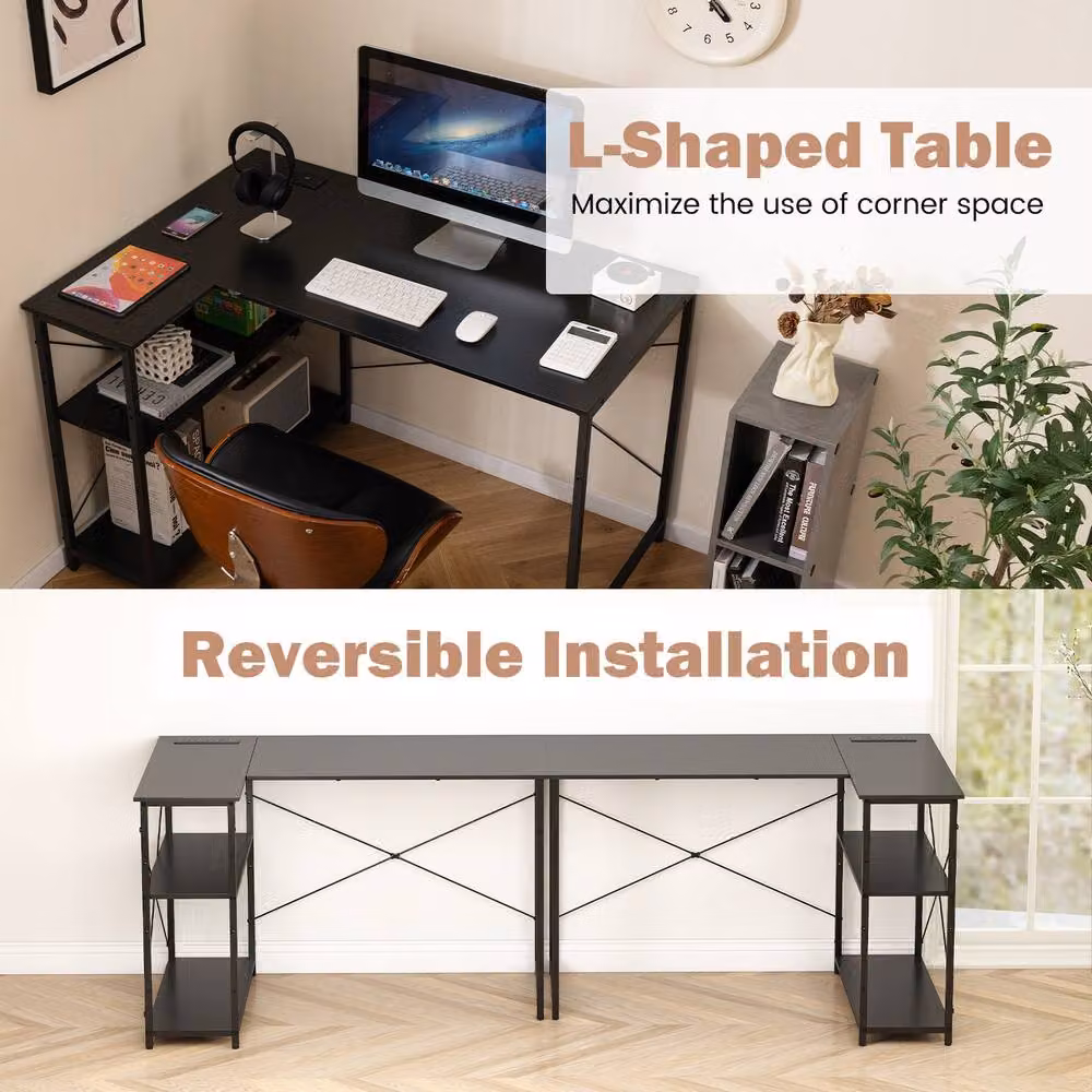 Costway L-shaped Corner Computer Desk with Power Outlet and Reversible Shelves in Black – 4