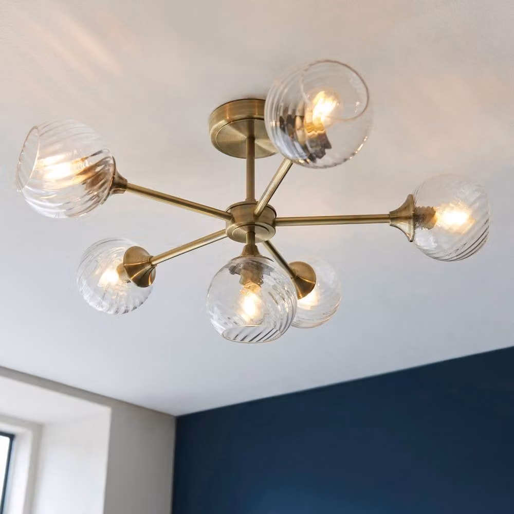 Netlighting Allegra 6 Light Semi Flush Ceiling Lamp with Transparent Glass Shades in Gold and Brass – 3
