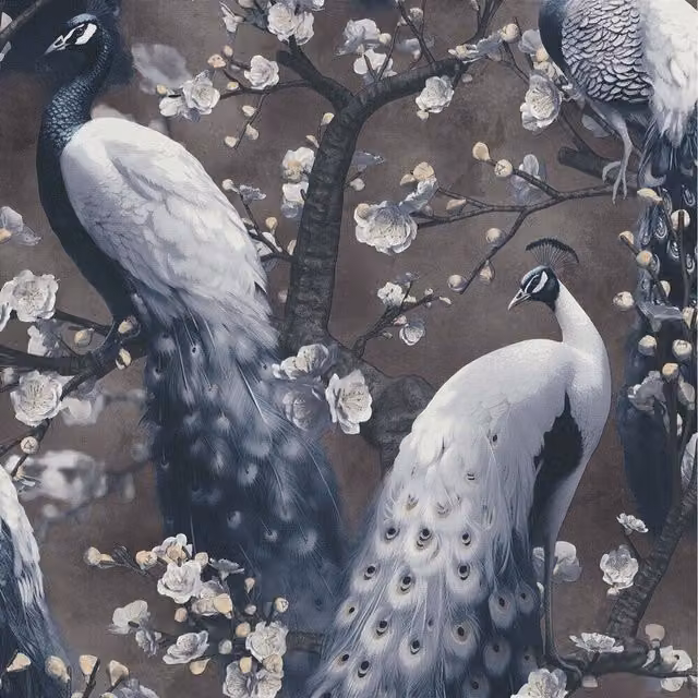 Erismann Play of Light Peacock Bird Floral Non-Woven Wallpaper in Black and Multicolour