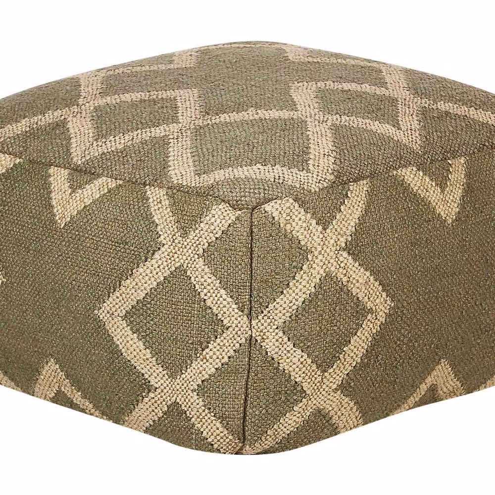 Wyld and Coco Nordic Geometric Jute and Wool Pouffe, Green and Beige, W/D/H: 50 x 50 x 50 cm – 2
